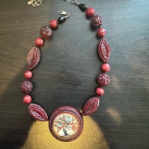 Hotcakes Vintage Carved Resin Beaded Necklace Bubble Pendant Cherry Blossom Tree